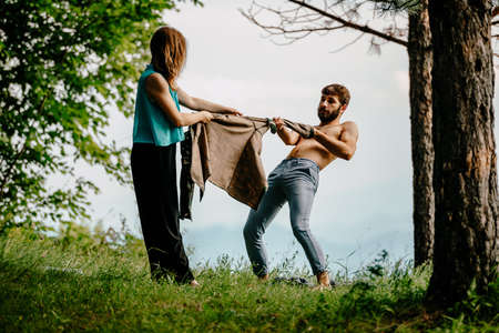 Sensual couple performing an artistical and emotional contemporary danceの写真素材