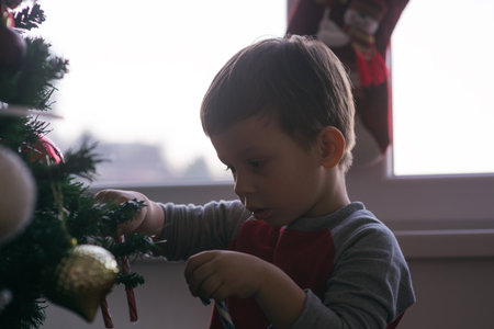 Lovely boy playing with his two favourite candies at Christmas morning while standing next to his Christmas tree.の写真素材
