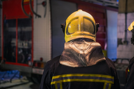 Two young men wearing helmets posing from the back inside the fire station.の写真素材
