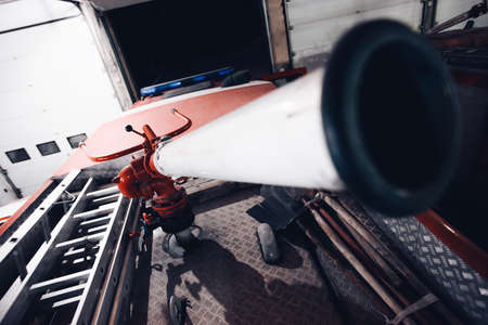 Big water gun used by firefighters during a fire emergency intervention