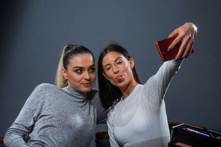 Pair of cheerful seductive women with stylish makeup posingの写真素材