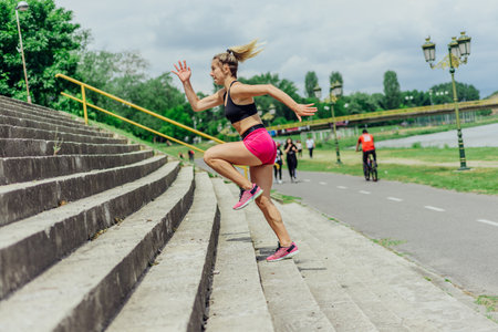Fit healthy athlete, beautiful woman in tight sportswear jumping on stairs, warming up before jogging while looking highly motivated.の写真素材