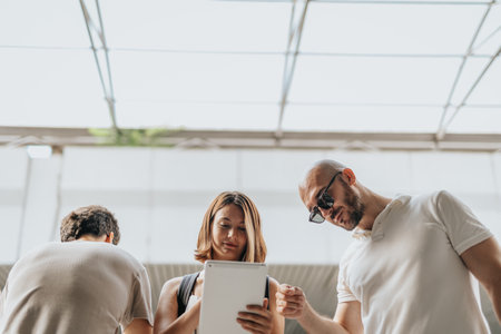 Creative, focused team discusses business growth strategies, analyzes market research, plans new project, and collaborates for marketing success.の写真素材