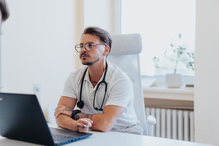 Experienced Doctor Analyzing Diagnostic Test Results with Careの写真素材