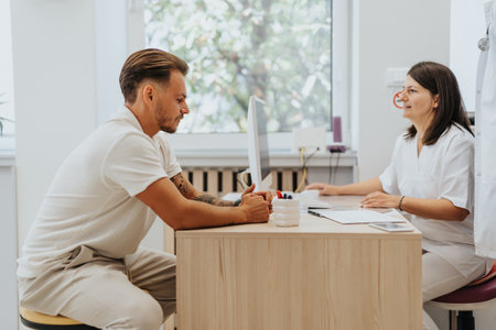 Professional doctor analyzing and discussing medical results with a patient in a clinic.の写真素材