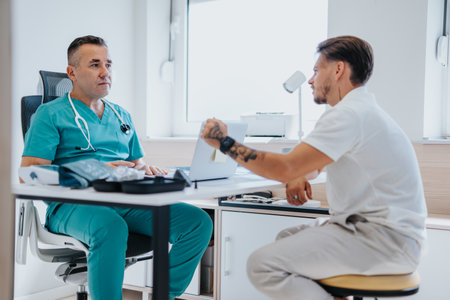 Experienced Doctor Analyzing Results and Discussing X-Ray Film with a Young Patient