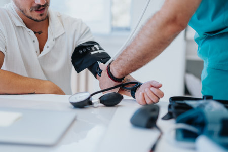 Experienced Doctor Checking Pulse and Measuring Blood Pressure of Male Patient in Office