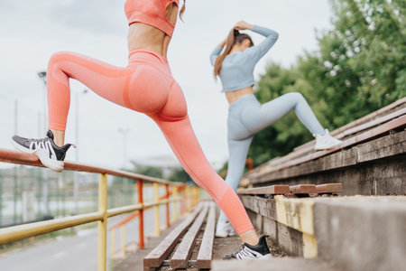 Active sporty girls train together outdoors in a city park, inspiring each other with their dedication to fitness and healthy lifestyles.の写真素材