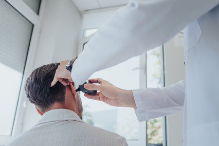 Experienced doctors in clinic examining patients ears. Using video laryngoscope. Conversations about diagnosis and solutions for improved health.の写真素材