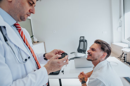 Experienced Doctor Checking Eyesight, Hearing, and Throat of Young Patient in Clinicの写真素材