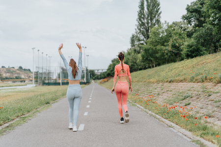 Active athletes engage in cardio exercises in a city park. Fit girls inspire with their outdoor sports training and stretching.の写真素材