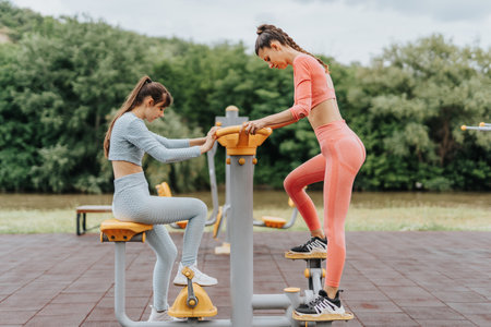 Active Young Girls Exercising Outdoors in City Parkの写真素材