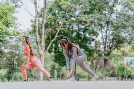 Active Young Women Training Together in Urban Park, Enjoying Outdoor Workout and Stretching...
