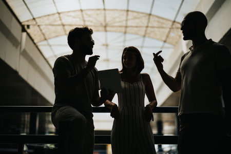 Successful Business Partners Discussing New Projects Outdoors. Silhouette Shot.の写真素材