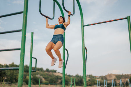 Fit Girl Training Outdoors: Active Female Doing Pull Ups on Horizontal Metal Bars