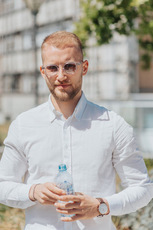 Portrait of blonde businessman with sunglasses on holding bottle of water, out, on a sunny dayの写真素材