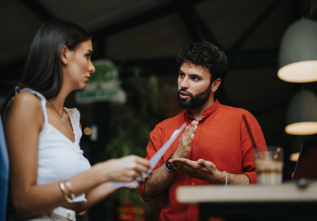 Architects, engineers, and contractors discuss plans and blueprints at a coffee bar. They collaborate on a successful real estate project.の写真素材