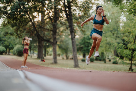 Fit athletes with athletic bodies jog outdoors in a green park. Their determination and motivation...