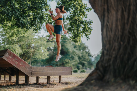 Active Athlete Exercising Outdoors in Nature Park - Fitness and Motivationの写真素材
