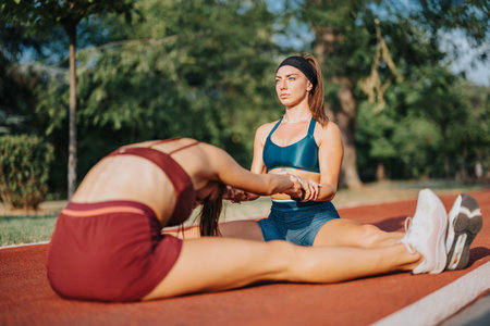 Natures Playground: Active Women Embrace Fitness Goals in Green Parkの写真素材