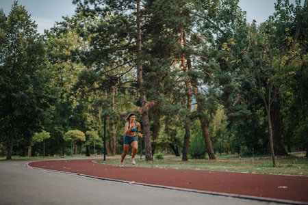 Active Woman Exercising in Green Park at Nightの写真素材