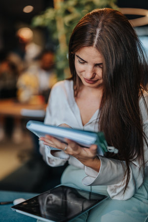 A female entrepreneur diligently conducts online market research in a modern office. Focused and persistent, he targets the audience for profitable growth.の写真素材