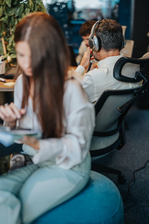 Focused Business Professionals Conducting Online Market Research in Modern Co-Working Space