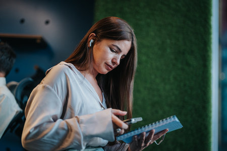 Focused woman at a modern office desk, searching online and conducting market research. Driving profit growth through persistent e-commerce efforts.の写真素材