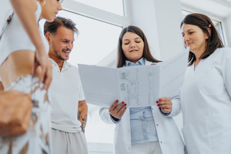 Young Patients Discussing Diagnostic Results with Group of Doctors and Specialists in a Hospital Hallの写真素材