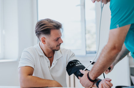 Professional physician monitoring male patients health measuring blood pressure, checking pulse with...