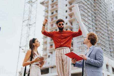 Collaborative Blueprint Discussion for Innovative Architectural Projectの写真素材