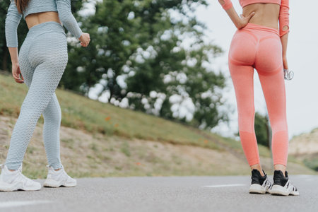 Active females exercising outdoors in a city park running, stretching, and doing cardio. Inspiring...