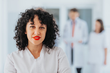 Portrait of Confident Female Doctor Posing in Hospital Clinic, Smiling at Cameraの写真素材