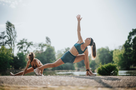 Athletes with fit bodies workout outdoors, stretching and preventing injuries. Friends in nature inspire a healthy lifestyle.の写真素材