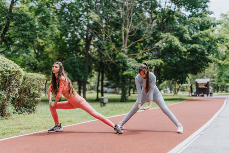 Active Young Women Stretching and Exercising Outdoors in an Urban Parkの写真素材
