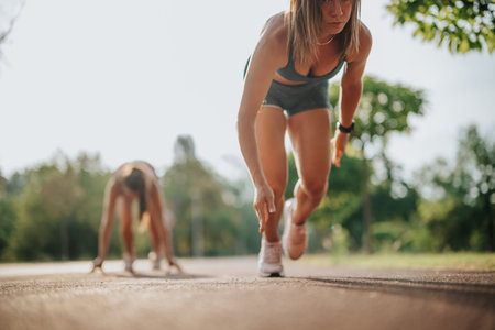 Fit, attractive women jogging in a green park. They inspire with their athleticism and dedication to a healthy lifestyle.の写真素材
