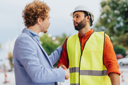 Architects discuss sustainable design, plan projects, and inspect blueprints. Team coordination and...