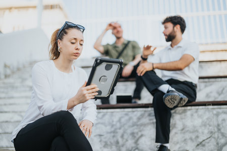 Young business partners discussing project details while analyzing statistics outdoors in the city. Confident teamwork for profitable planning.の写真素材