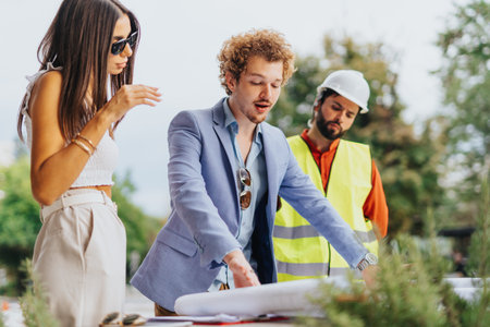 Architects discussing project costs and paperwork outdoors, analyzing blueprints for innovative sustainable design and profitable development.の写真素材