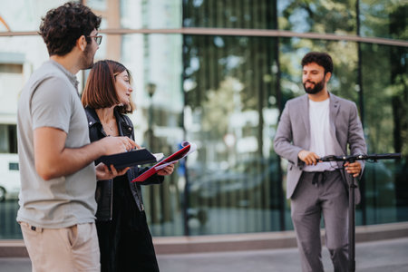 Business people collaborating outdoors in a downtown area, discussing work and planning sales strategy for business growth and achieving milestones.の写真素材