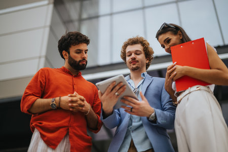 Architects and designers discussing and inspecting a building on a construction site. Successful teamwork for project design and urban development.の写真素材