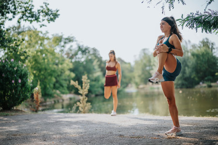 Fit Young Women Stretching and Exercising Outdoors in Green Parkの写真素材