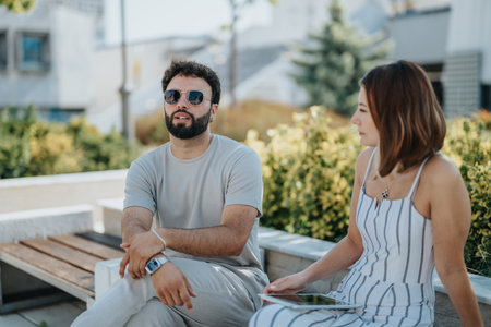 Two architects or designers collaborating outdoors, discussing blueprints and project management for a modern building design.の写真素材