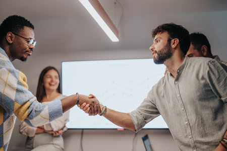 Team of coworkers bid farewell, shaking hands and hugging, as one employee transitions to a new job opportunity. Last day at work, indoor setting.の写真素材