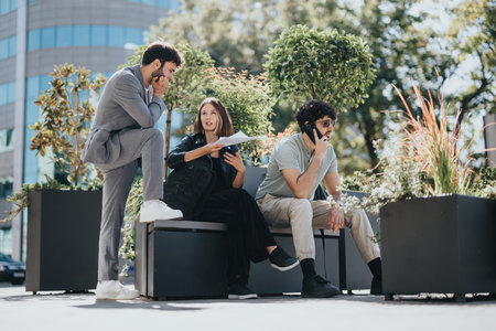 Business team strategizing for growth in a downtown area, analyzing competition and discussing new opportunities for successful project development.の写真素材