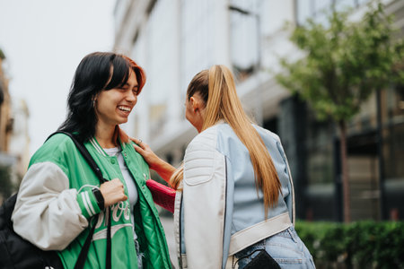 Casually dressed high school girls studying outdoors, helping each other prepare for an exam. Their teamwork and dedication to learning is evident.の写真素材