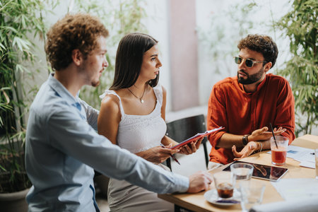 Architects, engineers, and executives discuss blueprints at a coffee bar, collaborating on a new urban planning project with successful teamwork.の写真素材