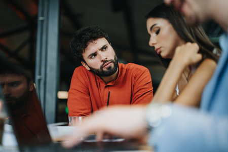Architects, engineers, and business people discuss a blueprint at a coffee bar.の写真素材