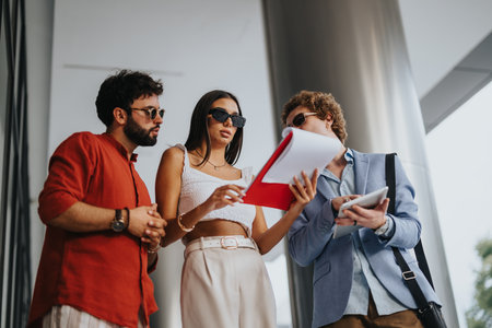 Architects and engineers collaborate outdoors, discussing blueprints and inspecting construction site.の写真素材