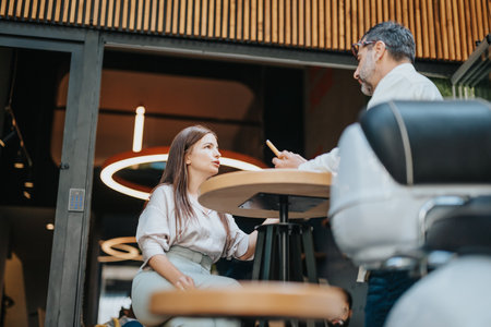 Businesspeople discussing projects and analyzing outcomes. Collaboration, teamwork, and profitable ideas are key for better efficiency and growth.の写真素材